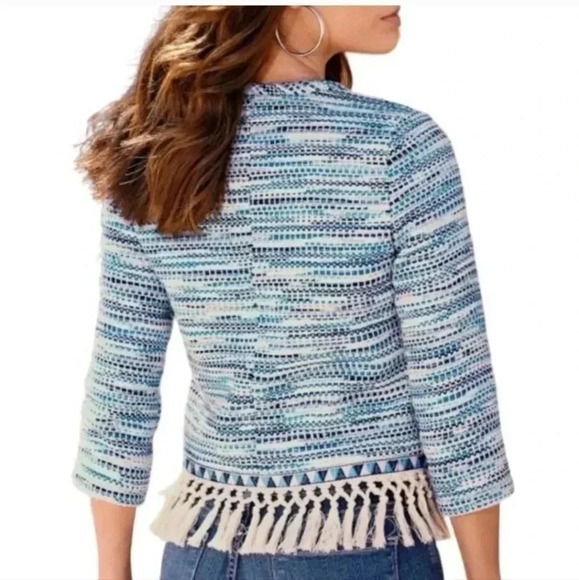 Boston Proper Blue White Tweed Fringe Fully Lined Blazer Jacket(8) - Picture 4 of 13